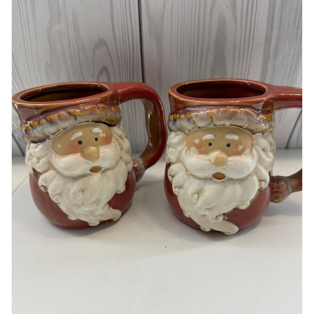 VTG Santa Claus Mug  Art Pottery Christmas Holiday Coffee Tea  Decor Set of 2